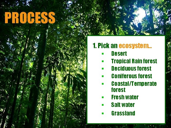 PROCESS 1. Pick an ecosystem… § § § § Desert Tropical Rain forest Deciduous
