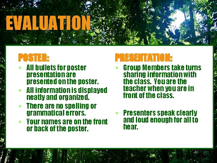 EVALUATION POSTER: PRESENTATION: § All bullets for poster § Group Members take turns presentation