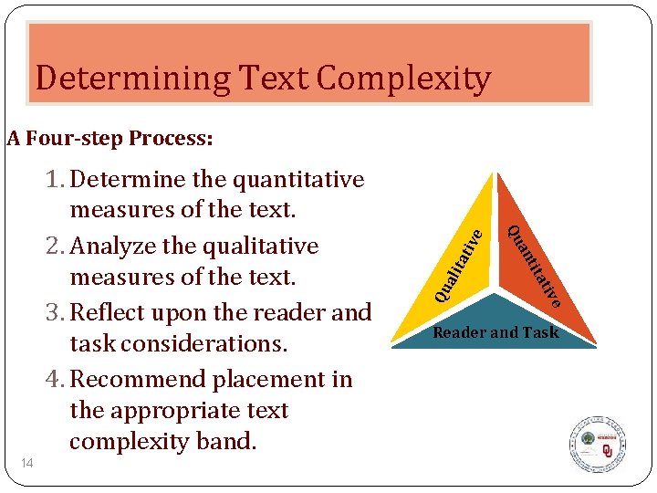 Determining Text Complexity ve ati Qu a tit an 14 Qu 1. Determine the
