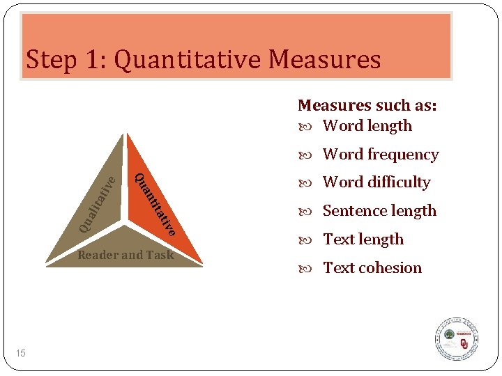 Step 1: Quantitative Measures such as: Word length tat tit ve ati ali an
