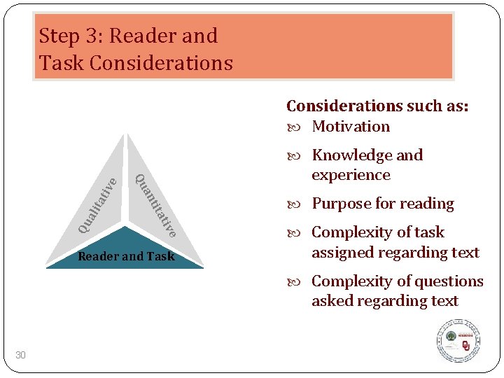 Step 3: Reader and Task Considerations such as: Motivation tat tit ve ati ali