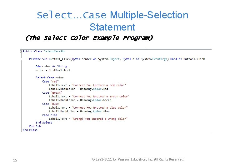 Select…Case Multiple-Selection Statement (The Select Color Example Program) 15 © 1992 -2011 by Pearson