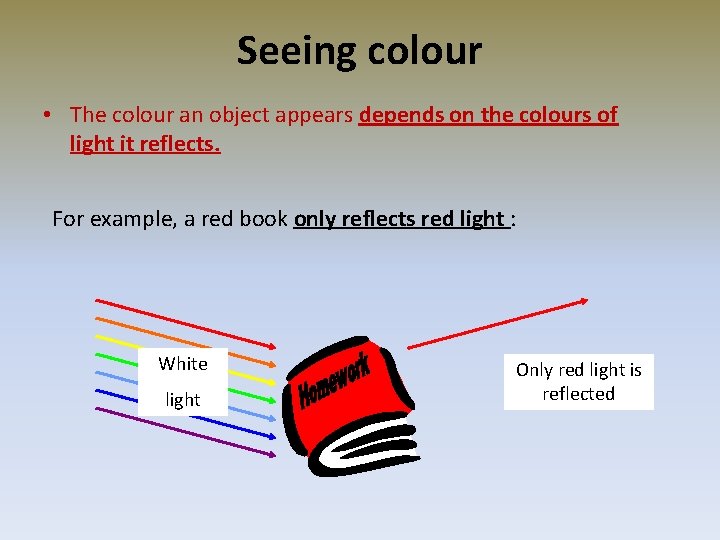 Seeing colour • The colour an object appears depends on the colours of light