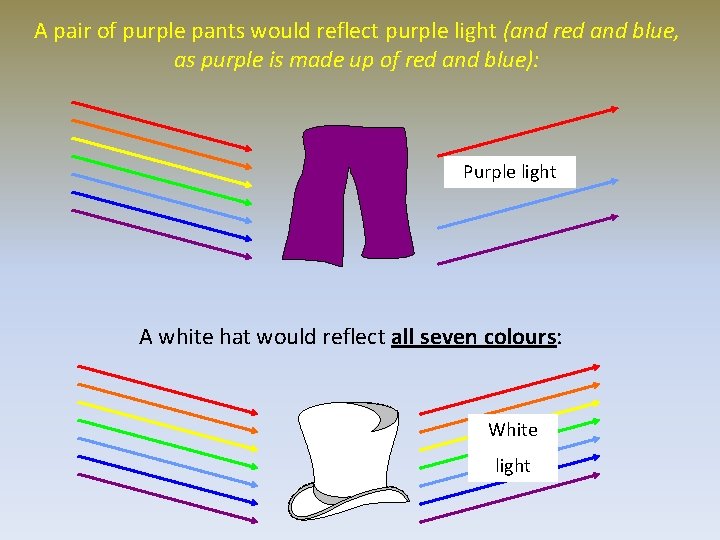 A pair of purple pants would reflect purple light (and red and blue, as