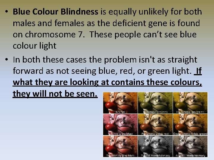  • Blue Colour Blindness is equally unlikely for both males and females as