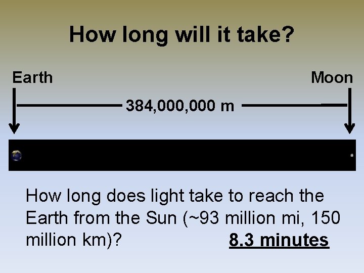 How long will it take? Earth Moon 384, 000 m How long does light How long will it take? Earth Moon 384, 000 m How long does light