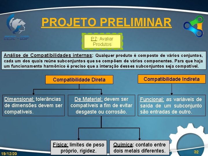 PROJETO PRELIMINAR P 7: Avaliar Produtos Análise de Compatibilidades internas: Qualquer produto é composto