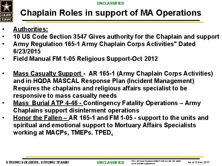 UNCLASSIFIED Chaplain Roles in support of MA Operations • • Authorities: 10 US Code