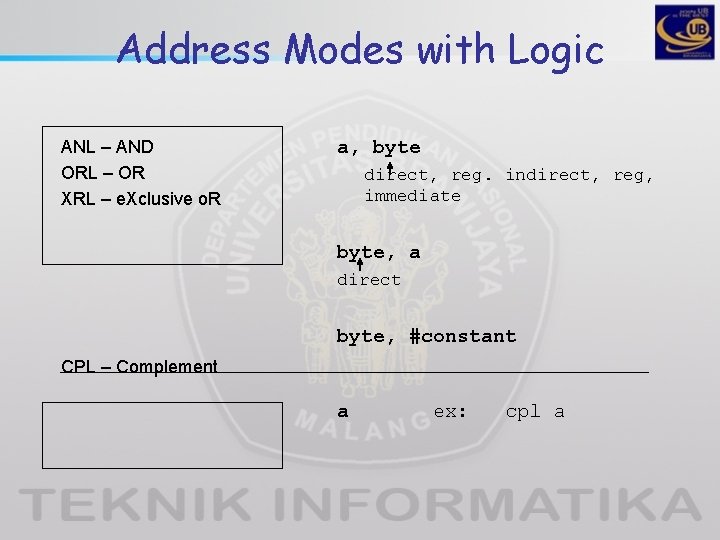 Address Modes with Logic ANL – AND ORL – OR XRL – e. Xclusive