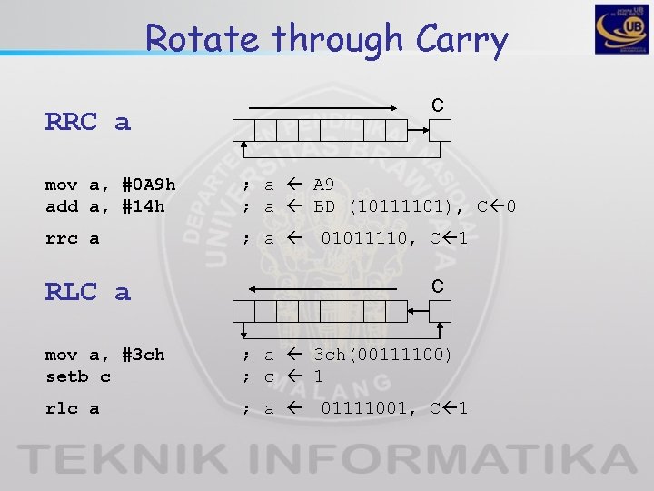 Rotate through Carry RRC a C mov a, #0 A 9 h add a,