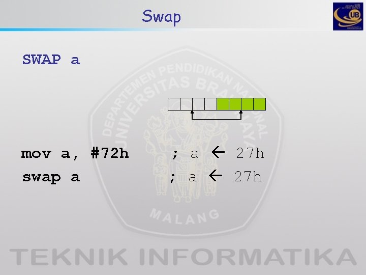 Swap SWAP a mov a, #72 h swap a ; a 27 h 