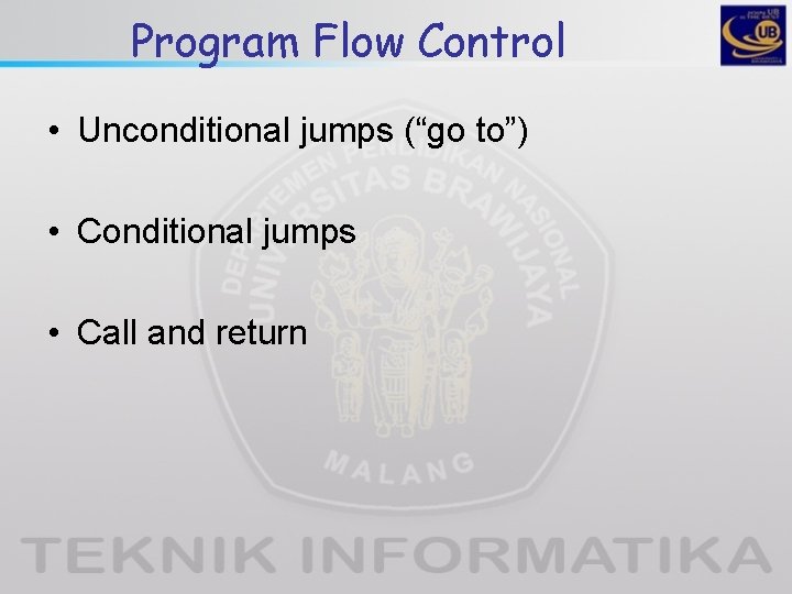 Program Flow Control • Unconditional jumps (“go to”) • Conditional jumps • Call and