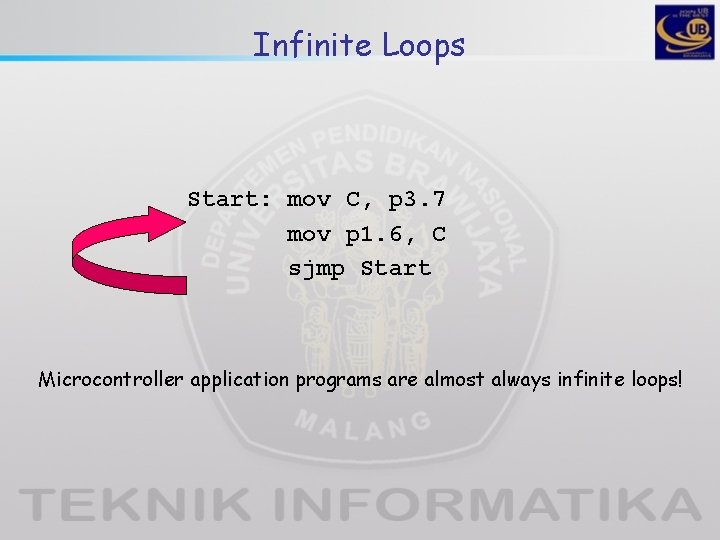 Infinite Loops Start: mov C, p 3. 7 mov p 1. 6, C sjmp