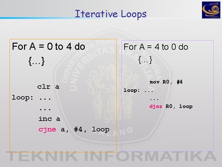 Iterative Loops For A = 0 to 4 do {…} clr a loop: .