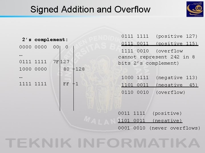 Signed Addition and Overflow 2’s 0000 … 0111 1000 … 1111 complement: 0000 00