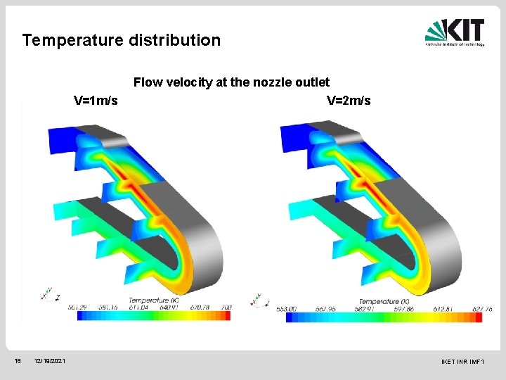 Temperature distribution V=1 m/s 18 12/19/2021 Flow velocity at the nozzle outlet V=2 m/s