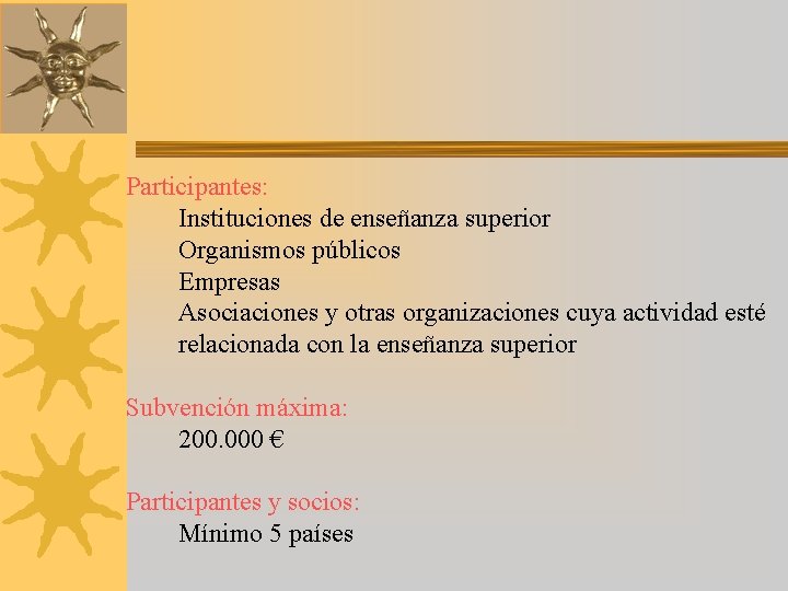 Participantes: Instituciones de enseñanza superior Organismos públicos Empresas Asociaciones y otras organizaciones cuya actividad