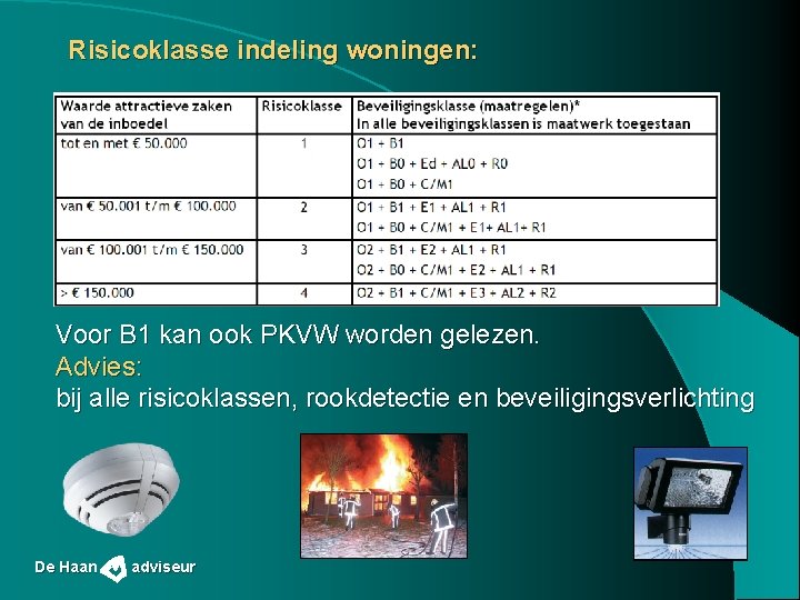 Risicoklasse indeling woningen: Voor B 1 kan ook PKVW worden gelezen. Advies: bij alle