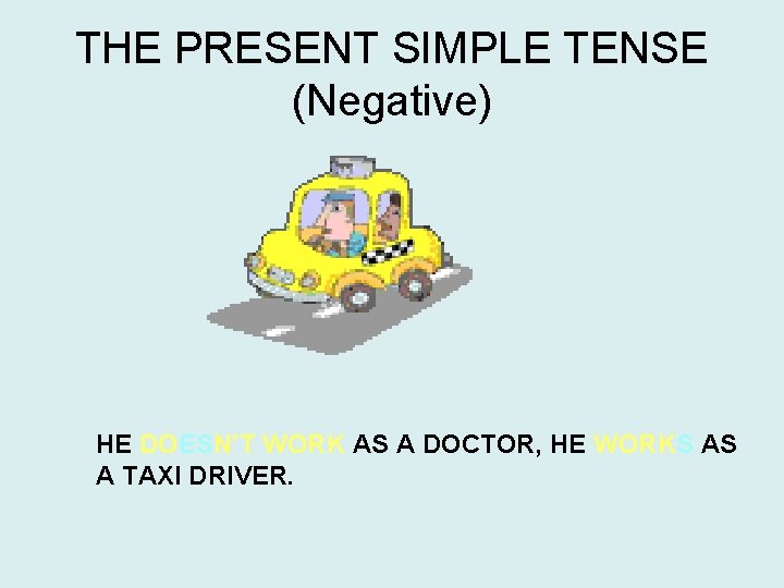 THE PRESENT SIMPLE TENSE (Negative) HE DOESN’T WORK AS A DOCTOR, HE WORKS AS THE PRESENT SIMPLE TENSE (Negative) HE DOESN’T WORK AS A DOCTOR, HE WORKS AS