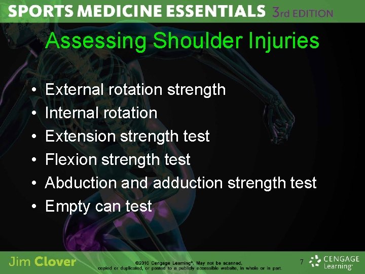Assessing Shoulder Injuries • • • External rotation strength Internal rotation Extension strength test