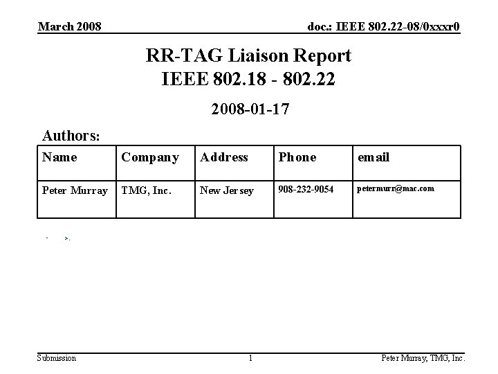 March 2008 doc. : IEEE 802. 22 -08/0 xxxr 0 RR-TAG Liaison Report IEEE