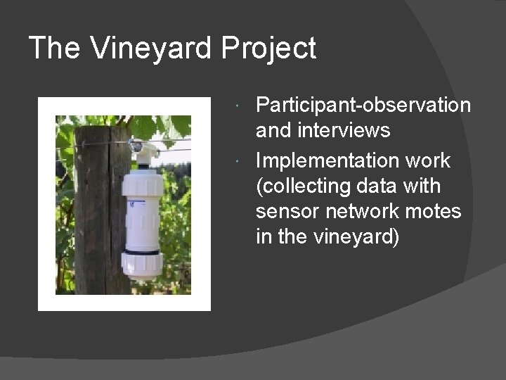 The Vineyard Project Participant-observation and interviews Implementation work (collecting data with sensor network motes The Vineyard Project Participant-observation and interviews Implementation work (collecting data with sensor network motes