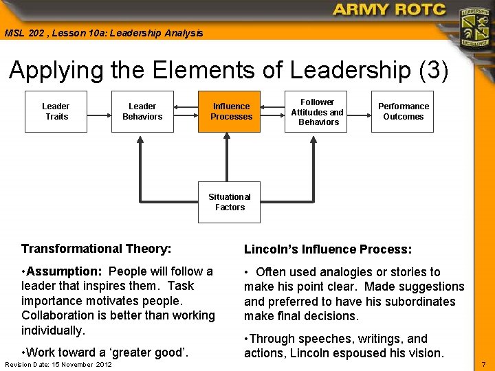 MSL 202 , Lesson 10 a: Leadership Analysis Applying the Elements of Leadership (3)