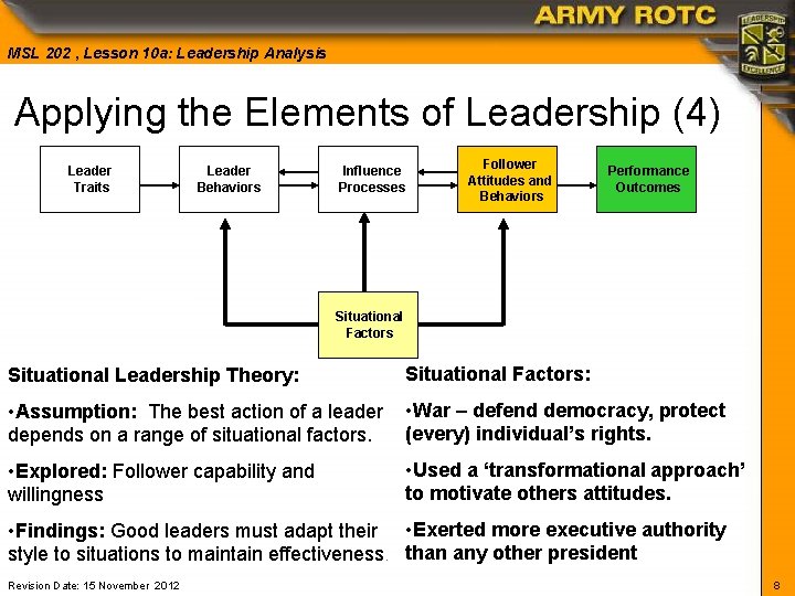 MSL 202 , Lesson 10 a: Leadership Analysis Applying the Elements of Leadership (4)