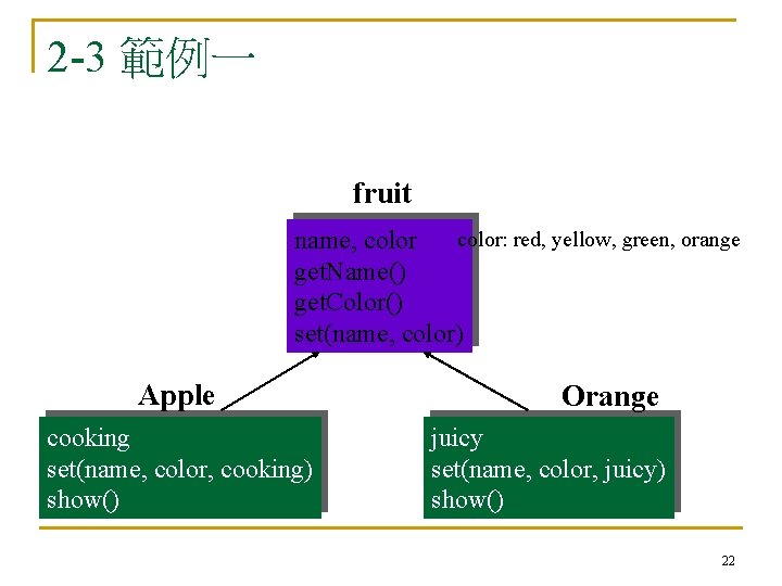 2 -3 範例一 fruit color: red, yellow, green, orange name, color get. Name() get.