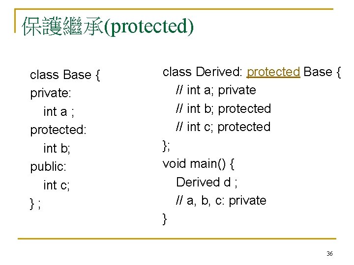 保護繼承(protected) class Base { private: int a ; protected: int b; public: int c;