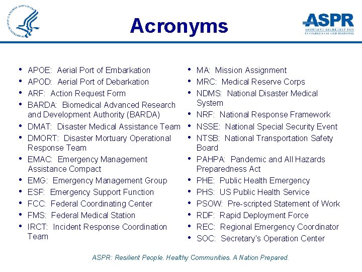 Acronyms • • • APOE: Aerial Port of Embarkation APOD: Aerial Port of Debarkation