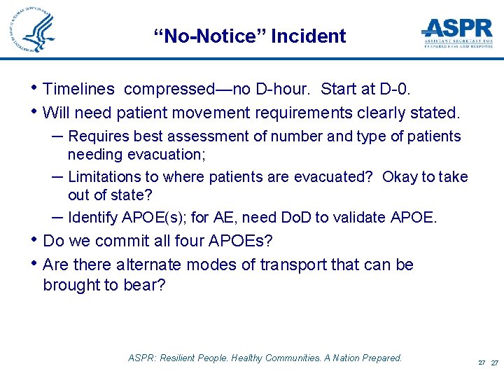 “No-Notice” Incident • Timelines compressed—no D-hour. Start at D-0. • Will need patient movement