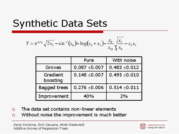 Synthetic Data Sets o o Pure With noise Groves 0. 087 0. 007 0.