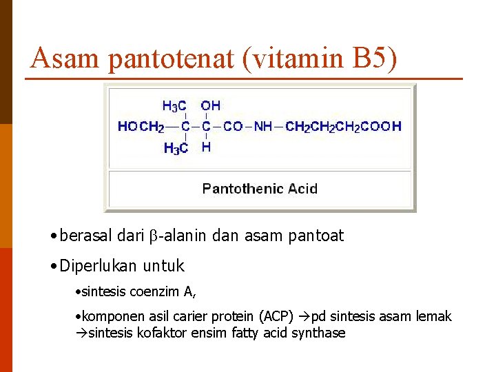 Asam pantotenat (vitamin B 5) • berasal dari β-alanin dan asam pantoat • Diperlukan