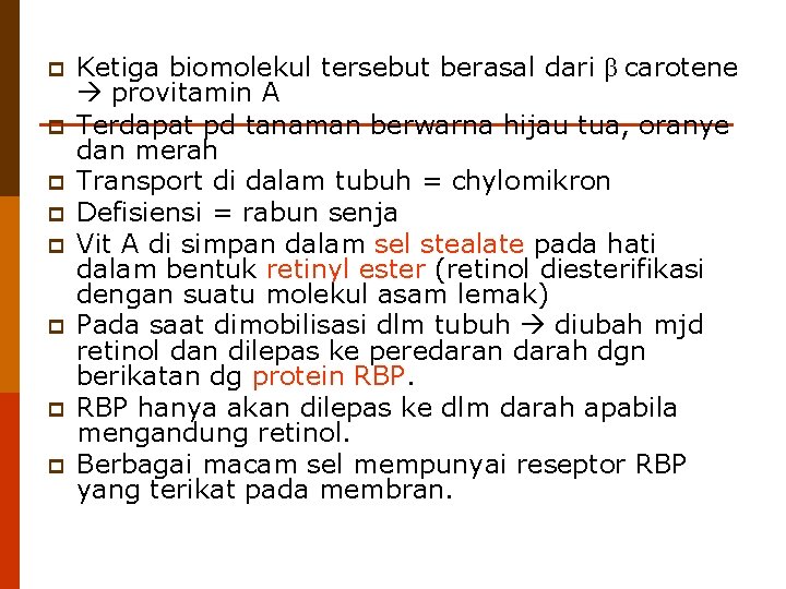 p p p p Ketiga biomolekul tersebut berasal dari β carotene provitamin A Terdapat