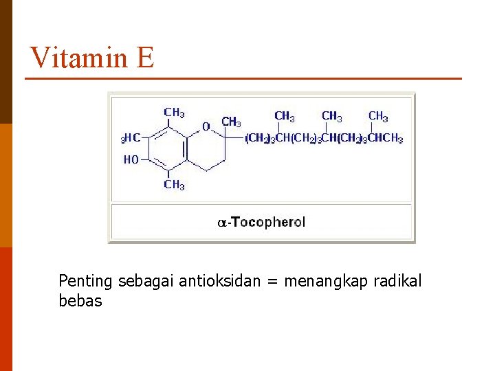 Vitamin E Penting sebagai antioksidan = menangkap radikal bebas 