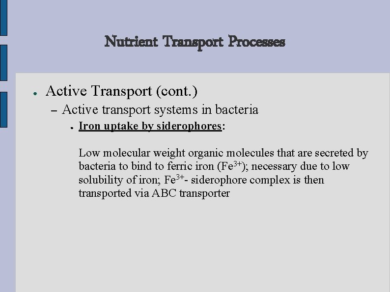 Nutrient Transport Processes ● Active Transport (cont. ) – Active transport systems in bacteria