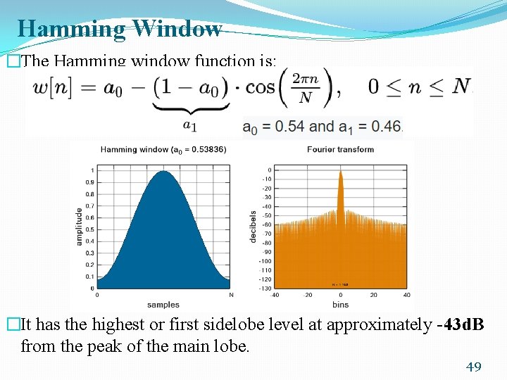 Hamming Window �The Hamming window function is: �It has the highest or first sidelobe