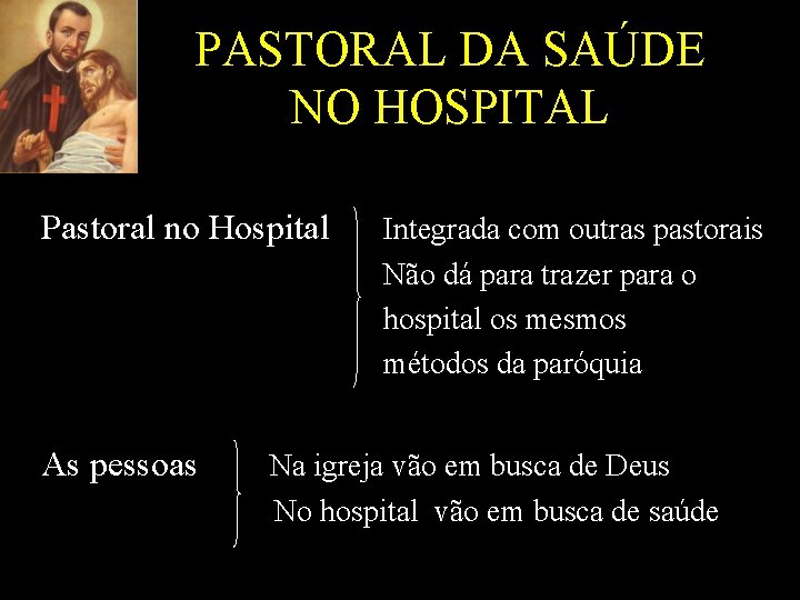 PASTORAL DA SAÚDE NO HOSPITAL Pastoral no Hospital As pessoas Integrada com outras pastorais