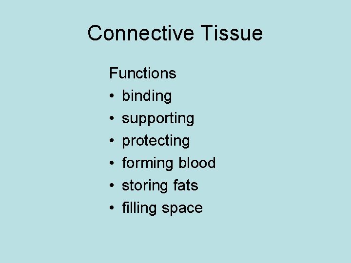 Connective Tissue Functions • binding • supporting • protecting • forming blood • storing