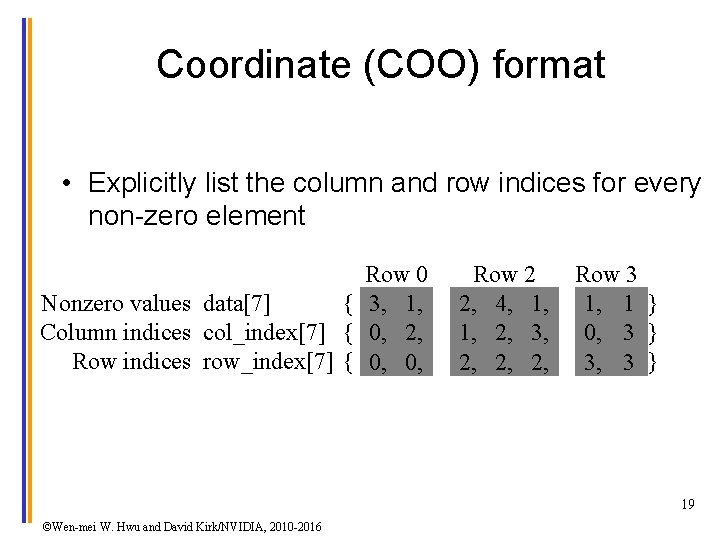 Coordinate (COO) format • Explicitly list the column and row indices for every non-zero