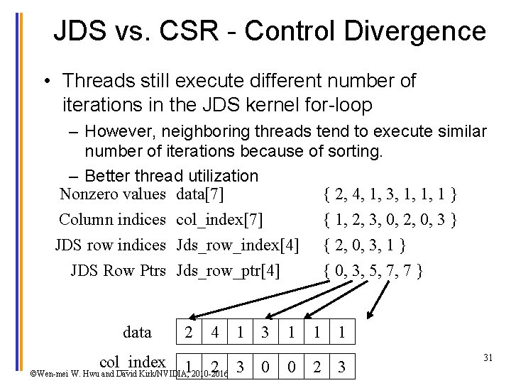 JDS vs. CSR - Control Divergence • Threads still execute different number of iterations