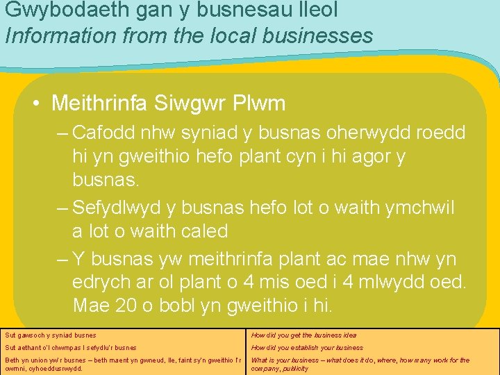 Gwybodaeth gan y busnesau lleol Information from the local businesses • Meithrinfa Siwgwr Plwm