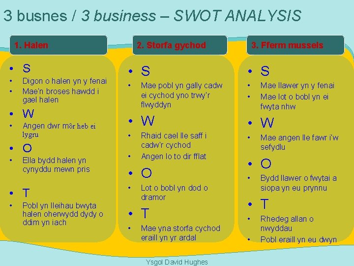 3 busnes / 3 business – SWOT ANALYSIS 1. Halen • S • •