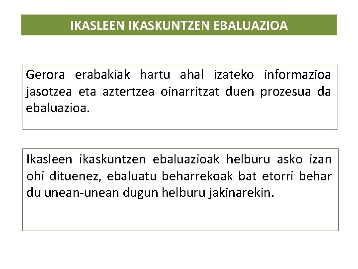 IKASLEEN IKASKUNTZEN EBALUAZIOA Gerora erabakiak hartu ahal izateko informazioa jasotzea eta aztertzea oinarritzat duen