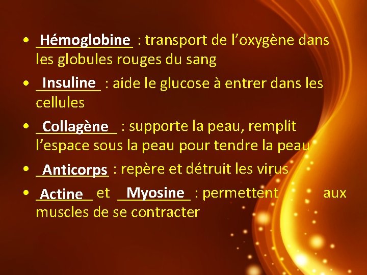 Hémoglobine : transport de l’oxygène dans • ______ les globules rouges du sang Insuline