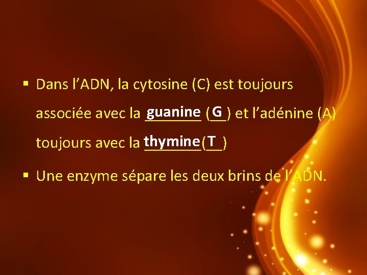  Dans l’ADN, la cytosine (C) est toujours guanine (__) G et l’adénine (A)