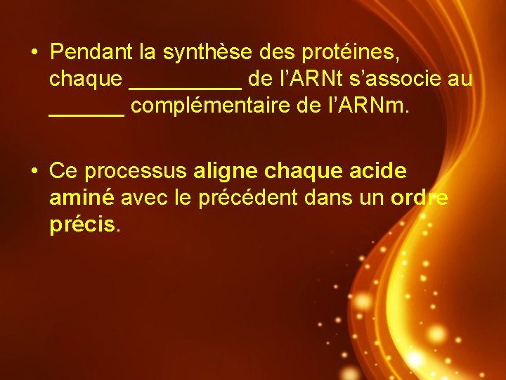  • Pendant la synthèse des protéines, chaque _____ de l’ARNt s’associe au ______