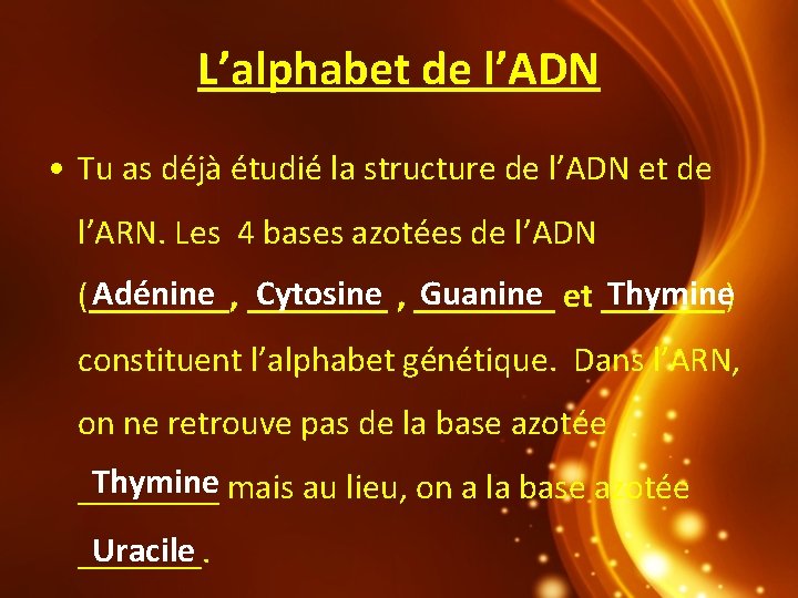 L’alphabet de l’ADN • Tu as déjà étudié la structure de l’ADN et de