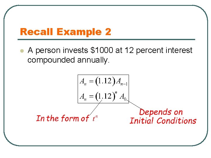Recall Example 2 l A person invests $1000 at 12 percent interest compounded annually.